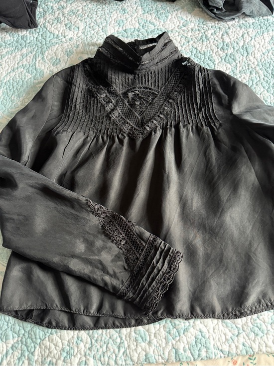 Zara Tops - Zara Black Lace-Trim Victorian High-Neck Blouse